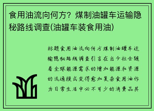 食用油流向何方？煤制油罐车运输隐秘路线调查(油罐车装食用油)