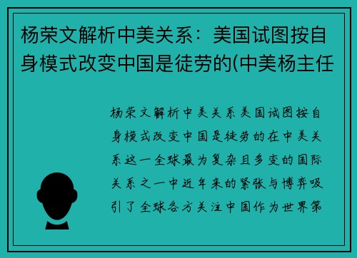 杨荣文解析中美关系：美国试图按自身模式改变中国是徒劳的(中美杨主任讲话视频)