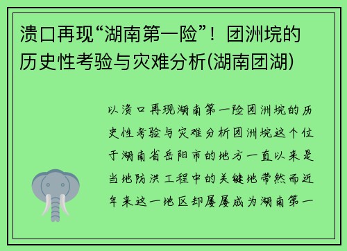溃口再现“湖南第一险”！团洲垸的历史性考验与灾难分析(湖南团湖)