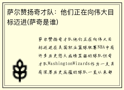 萨尔赞扬奇才队：他们正在向伟大目标迈进(萨奇是谁)