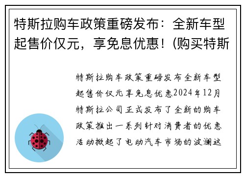 特斯拉购车政策重磅发布：全新车型起售价仅元，享免息优惠！(购买特斯拉优惠)