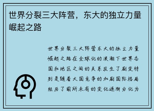 世界分裂三大阵营，东大的独立力量崛起之路