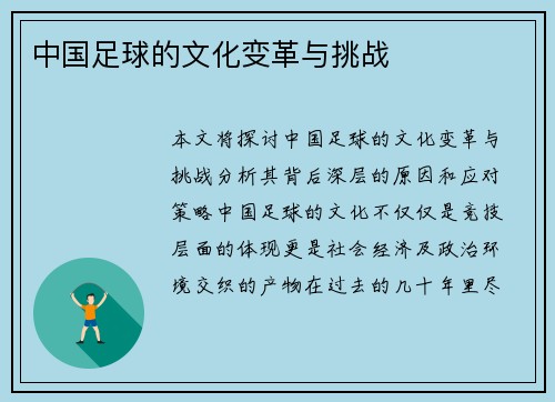 中国足球的文化变革与挑战