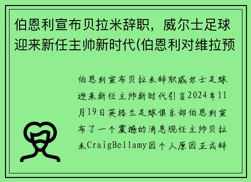 伯恩利宣布贝拉米辞职，威尔士足球迎来新任主帅新时代(伯恩利对维拉预测)