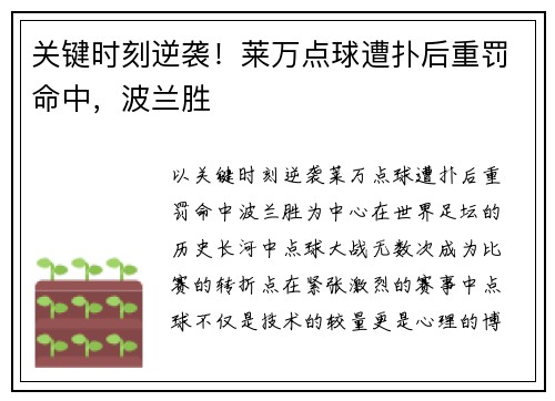 关键时刻逆袭！莱万点球遭扑后重罚命中，波兰胜