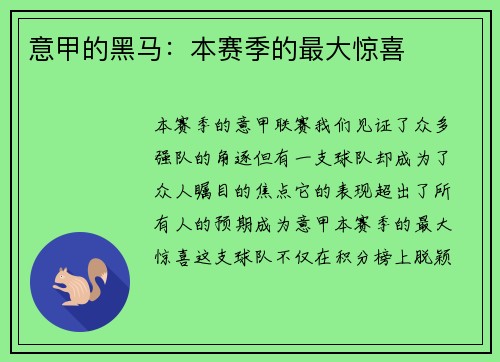 意甲的黑马：本赛季的最大惊喜