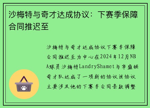 沙梅特与奇才达成协议：下赛季保障合同推迟至